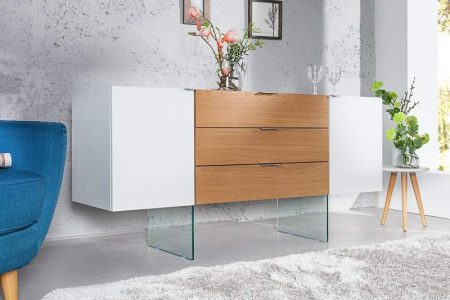 Príborník Onyx 160cm biela sklo-dub