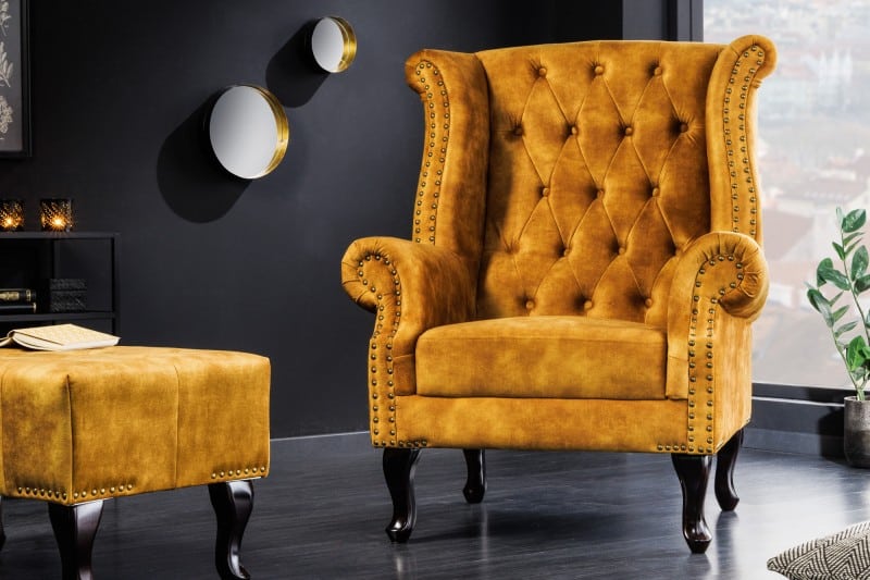 Ohrensessel Chesterfield senfžltá antik look